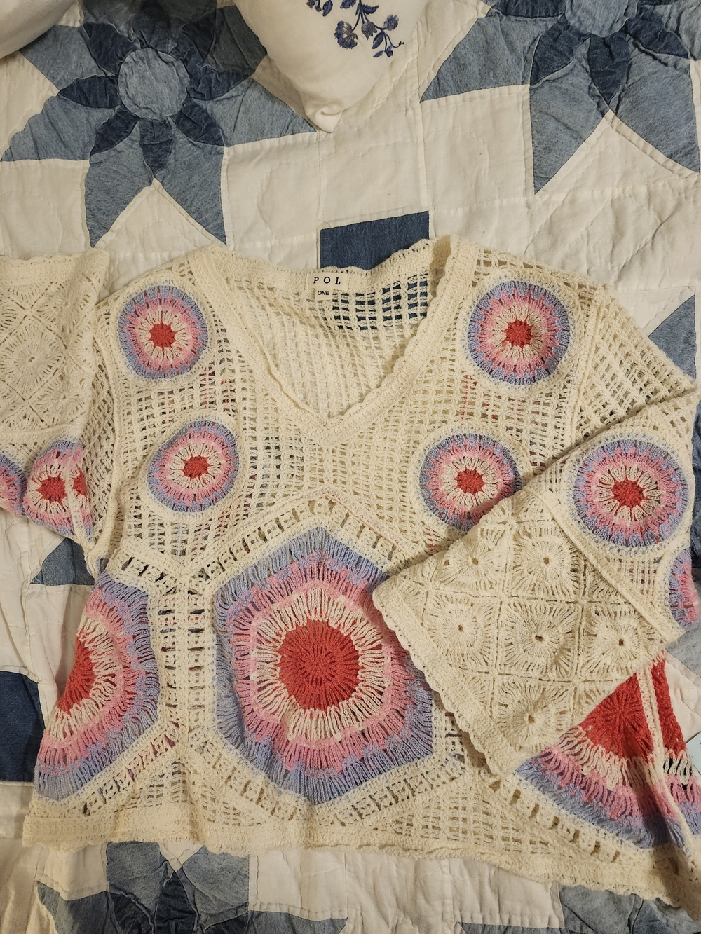 POL Cream Crochet Tunic with Pink, Red & Lavender Medallions